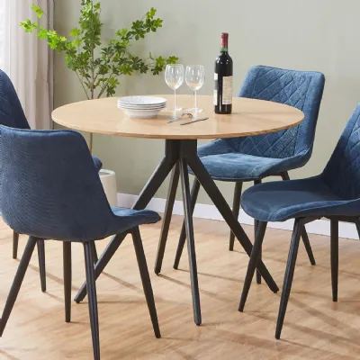 Light Oak Effect Round Dining Table Black Pedestal Base