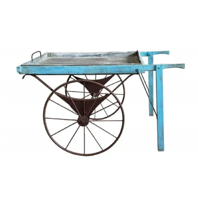 Distressed Blue Iron and Wood Cart with Removable Tray and Metal Spoked Wheels