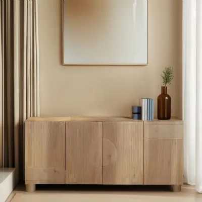 Light Brown Mango Wood Fluted Design 4 Door Large Sideboard
