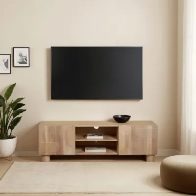 Light Brown Wood 2 Door Large TV Media Cabinet Fluted Design