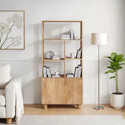Mango Wood Lacquered 2 Door Tall Open Bookcase Fluted Design
