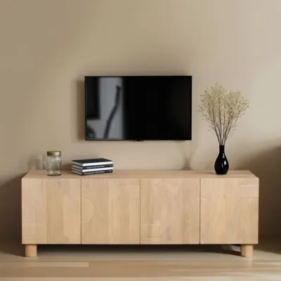 Mango Wood Lacquered Fluted 4 Door Low TV Media Cabinet