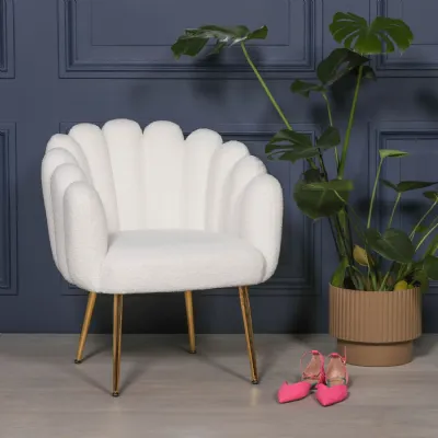 White Fabric Scalloped Bedroom Chair with Art Deco Gold Legs