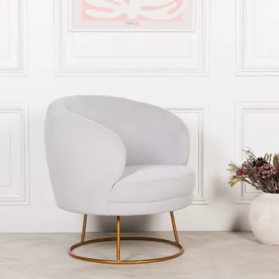 Art Deco Light Grey Velvet Tub Chair with Gold Painted Base