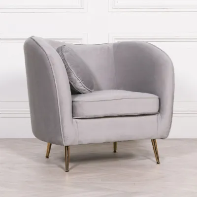Grey Velvet Armchair Gold Legs with Round Cushion