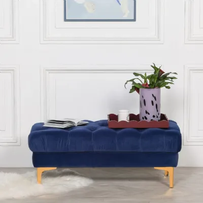 Blue Velvet Buttoned Ottoman Stool