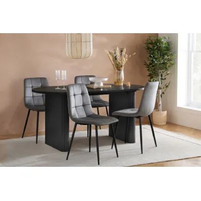 Black Wood Fluted Oval Dining Table Set with 4 Fabric Chairs
