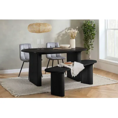 Black Wood Oval Dining Table Set with 2 Chairs and Bench