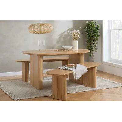 Oak Effect Wood Large Oval Fluted Dining Table Set 2 Benches