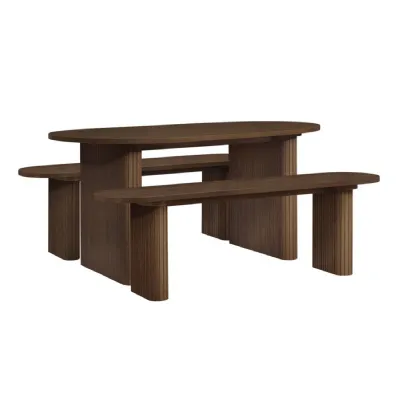 Walnut Effect Wood Oval Fluted Dining Table Set 2 Benches