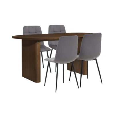 Walnut Effect Wood Fluted Oval Dining Set 4 Fabric Chairs