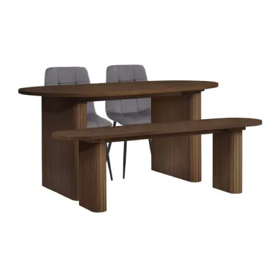 Walnut Effect Wood Oval Dining Set with 2 Chairs and Bench