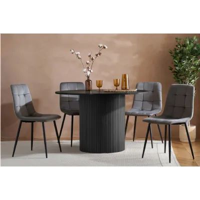 Black Wood Round Fluted Dining Set with 4 Fabric Chairs