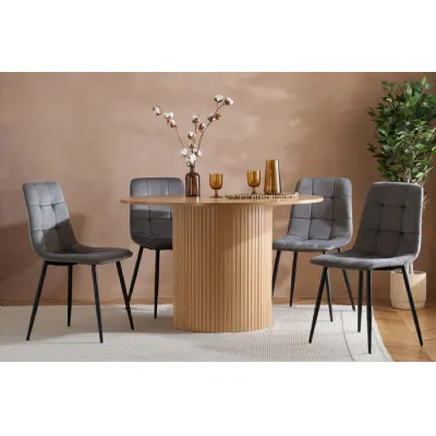 Oak Effect Wood Round Fluted Dining Set with 4 Fabric Chairs