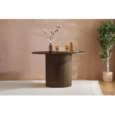 Walnut Effect Wood 120cm Round Dining Table Fluted Base