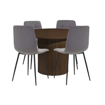 Walnut Effect Wood Round Fluted Dining Set with 4 Chairs