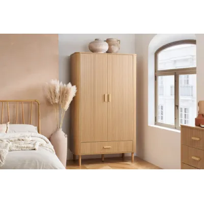 Brown Oak 2 Door 1 Drawer Double Fluted Wardrobe