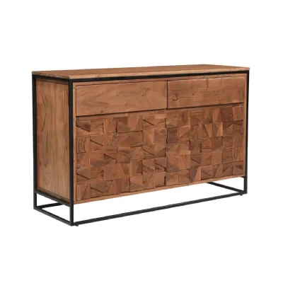 Natural Wood Small Sideboard 2 Doors 2 Drawers Block Design
