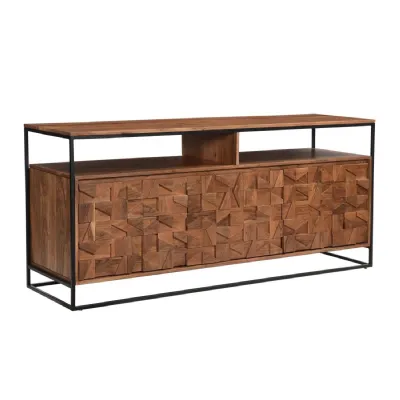 Natural Wood Block Design Large 3 Door Sideboard