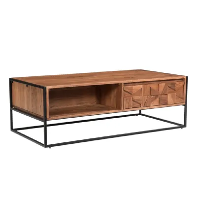 Natural Wood 1 Drawer Block Designed Coffee Table