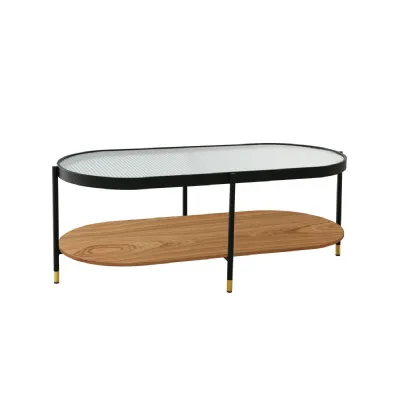 Black Metal Framed Large Oval Coffee Table Ribbed Glass Top