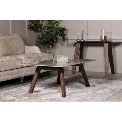 Latte Sintered Stone Top Coffee Table with Walnut Legs
