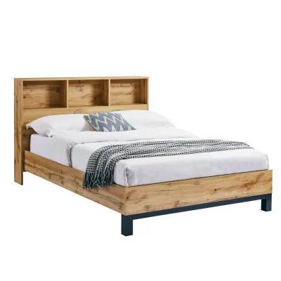 Industrial Style Oak Finish 4ft6 Double Bed with Bookcase Headboard and Black Metal Legs