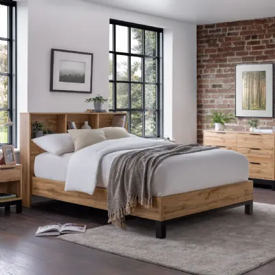 Modern Oak Finish 5ft King Size Bed with Bookcase Headboard and Black Metal Legs