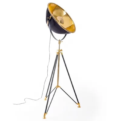 Large Black and Gold Adjustable Metal Tripod Floor Lamp
