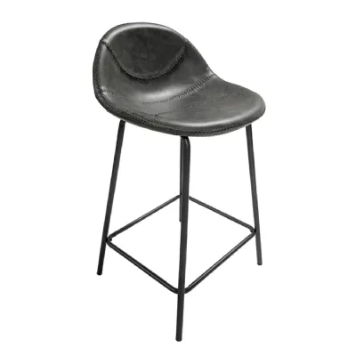 Modern Grey Vegan Leather Curved Counter Stool with Steel Base