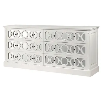 White Fayence Mirrored 6 Drawer Chest