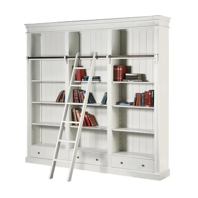 White Painted Large Library Bookcase With Ladder Adjustable Shelves 3 Drawers