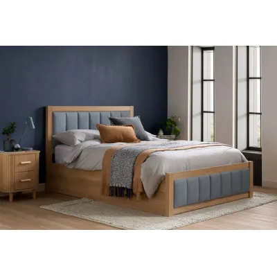 Natural Wood and Grey Fabric Double Ottoman Bed