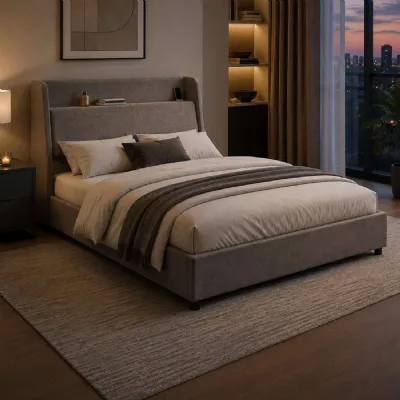 Blake Ottoman Bed Frame With Storage Headboard And Usb Charging Grey Chenille, Double