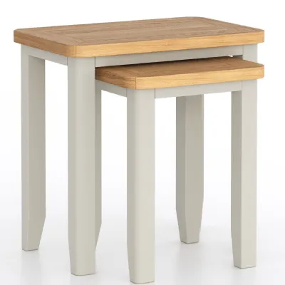 Farmhouse Style Grey Painted Finish Nest of 2 Tables with Oak Tops