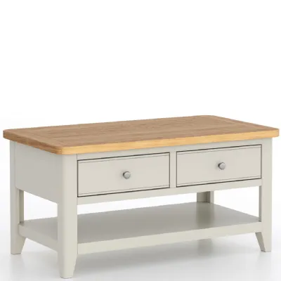 Grey Painted Solid Pine Coffee Table with Oak Top and 2 Drawers