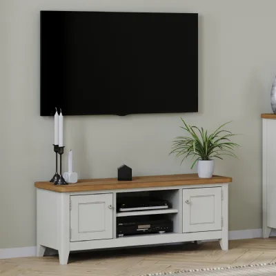 Classic Style Grey Painted Wide TV Cabinet with Oak Top and Shelves