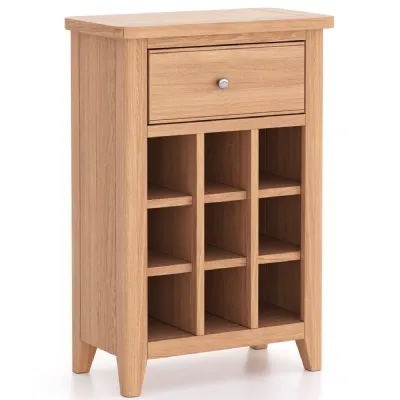 Modern Solid Oak Wine Cabinet with Drawer and 6 Open Bottle Storage