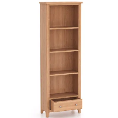 Traditional Natural Solid Oak Large Open Shelf Bookcase with Drawer