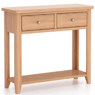 Modern Solid Oak Console Table with 2 Drawers and Lower Shelf