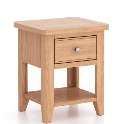 Modern Style Solid Oak Side Lamp Table with Drawer and Lower Shelf