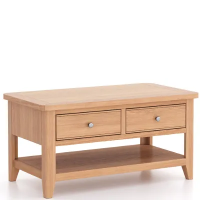 Modern Solid Oak Coffee Table with 2 Drawers and Open Shelf