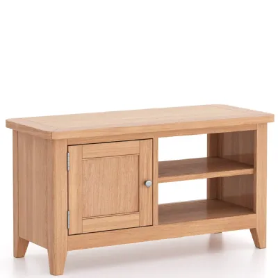Modern Solid Oak TV Cabinet with Door and Open Shelving