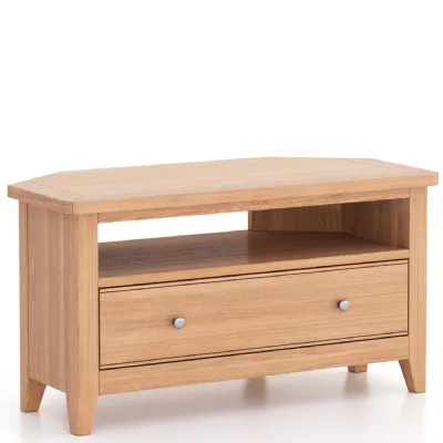 Scandi Solid Oak Corner TV Cabinet with Wide Drawer and Open Shelf