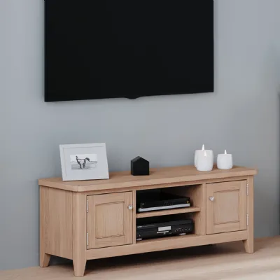 Modern Solid Oak Wide 2 Door TV Cabinet with Open Shelves