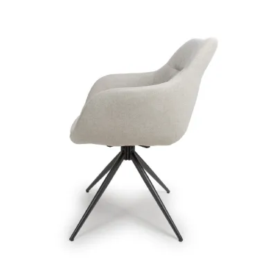 Natural Fabric Carver Swivel Dining Chair Black Metal Legs
