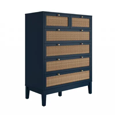 Blue 2 Over 4 Chest of Drawers with Gold Handles and Rattan Effect Front