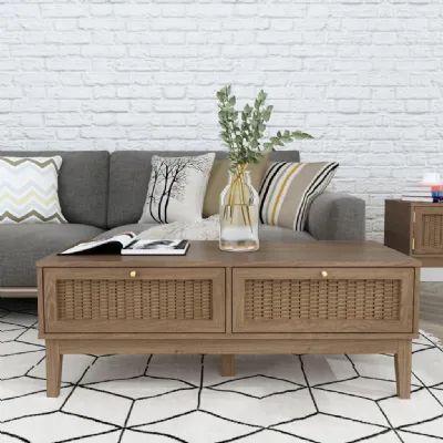 Boho Chic Natural Oak 2 Rattan Front Drawer Rectangular Coffee Table