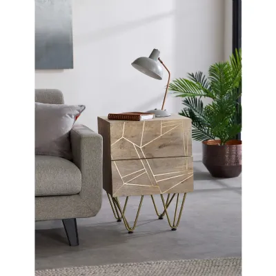 Light Mango Wood 2 Drawer Side Table Gold Hairpin Legs