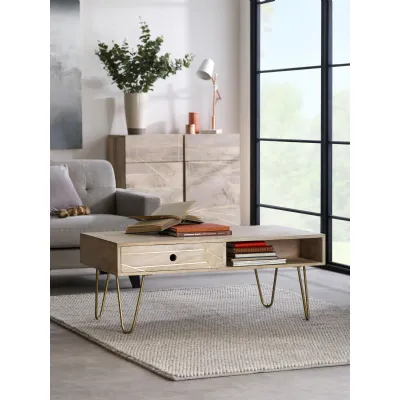 Light Wood 1 Drawer Rectangular Coffee Table Hairpin Legs